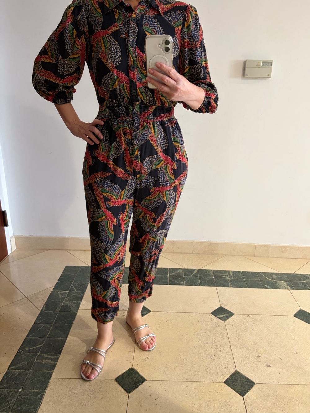 Farm Rio Black Jumpsuit with Multicolor Print